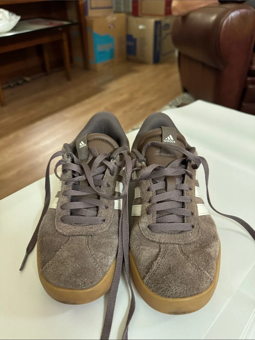 adidas Brown Suede Sneakers with White Stripes